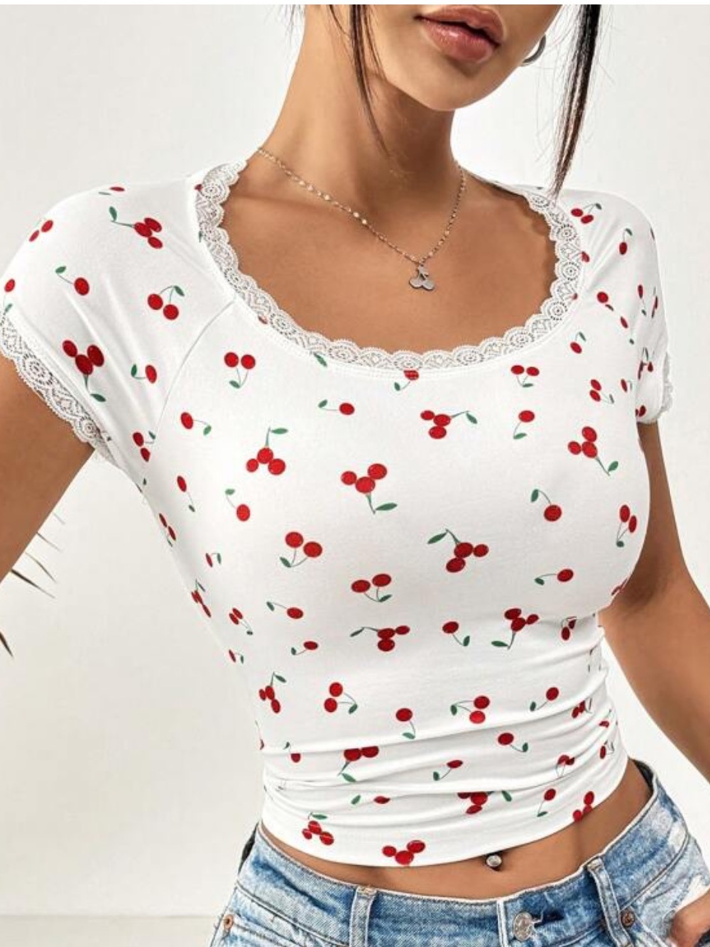 Y2K Coquette Cherry Print Lace Trim Short Sleeve Crop Top - Size XS
